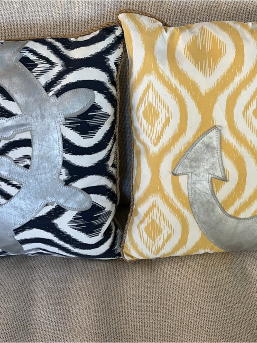 Set of 2 Decorative Accent Pillows in Navy & Mustard with Silver Appliqué